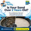 Pooldudez sand change service ad showing before and after pool filter sand, promoting fixed price sand changes in the East Rand.
