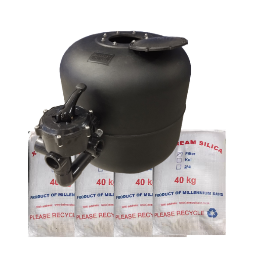 Aqua Max 4 Bag black pool sand filter installation with sand media for 50,000L to 100,000L pools using a 1.1kW pool pump