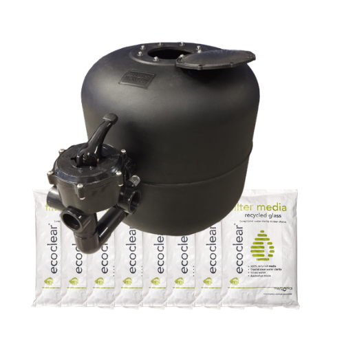 Aqua Max 4 Bag black pool filter installation with glass media for 50,000L to 100,000L pools using a 1.1kW pool pump