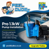 Pooldudez Pro 1.1kW pump installation ad showing a blue pool pump with professional piping, East Rand crews, and free onsite water testing.